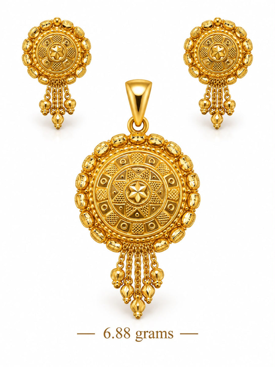22ct Gold Round Pendant and Earrings Set