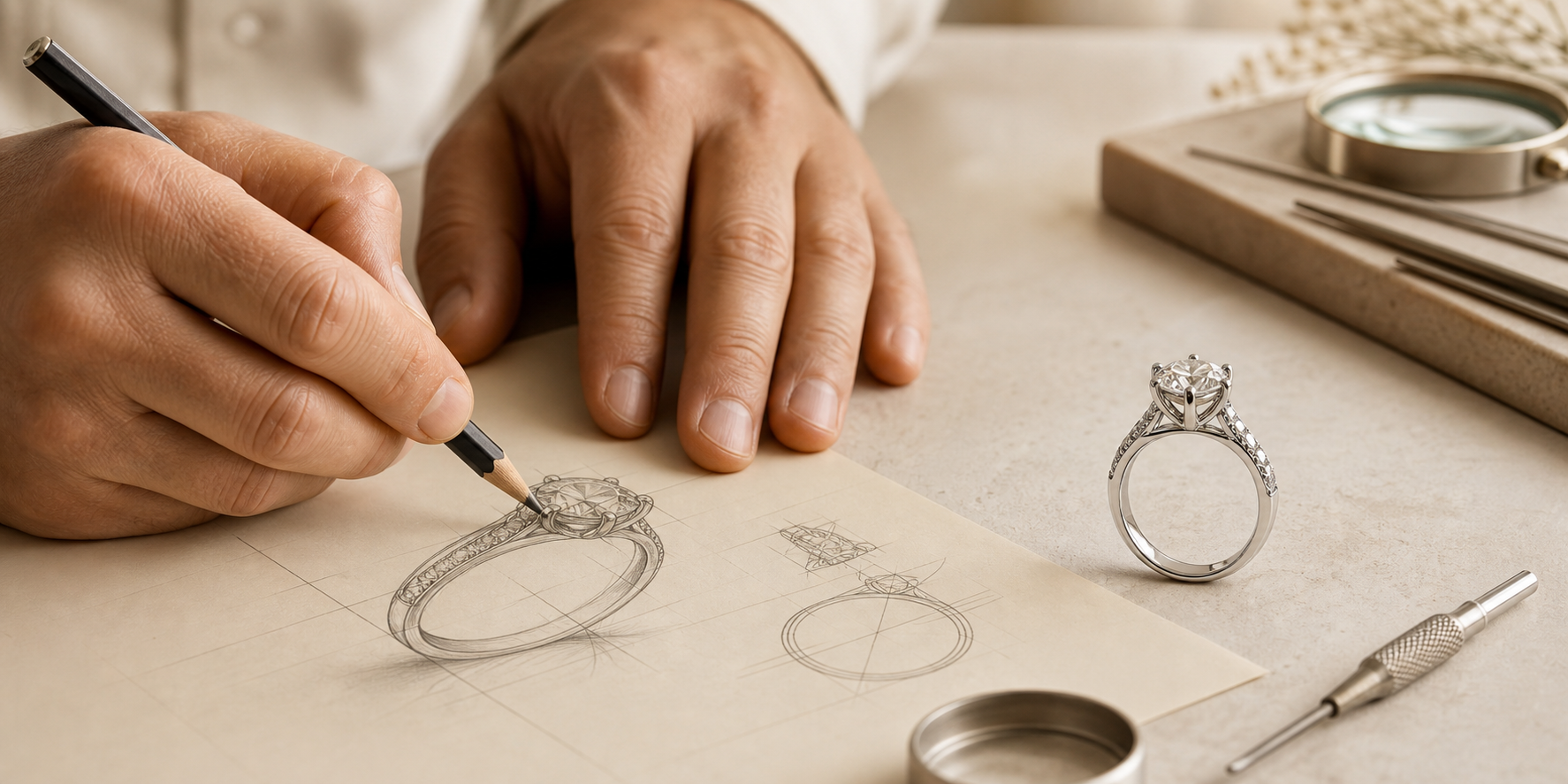 Jeweller drawing a bespoke ring beside a finished diamond ring